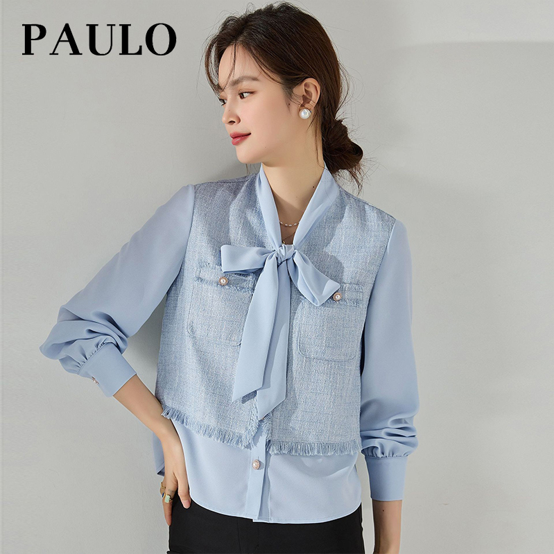 SRAVE PAULO 拉夫保罗V领小香风长袖衬衫拼接假两件雪纺飘带上衣