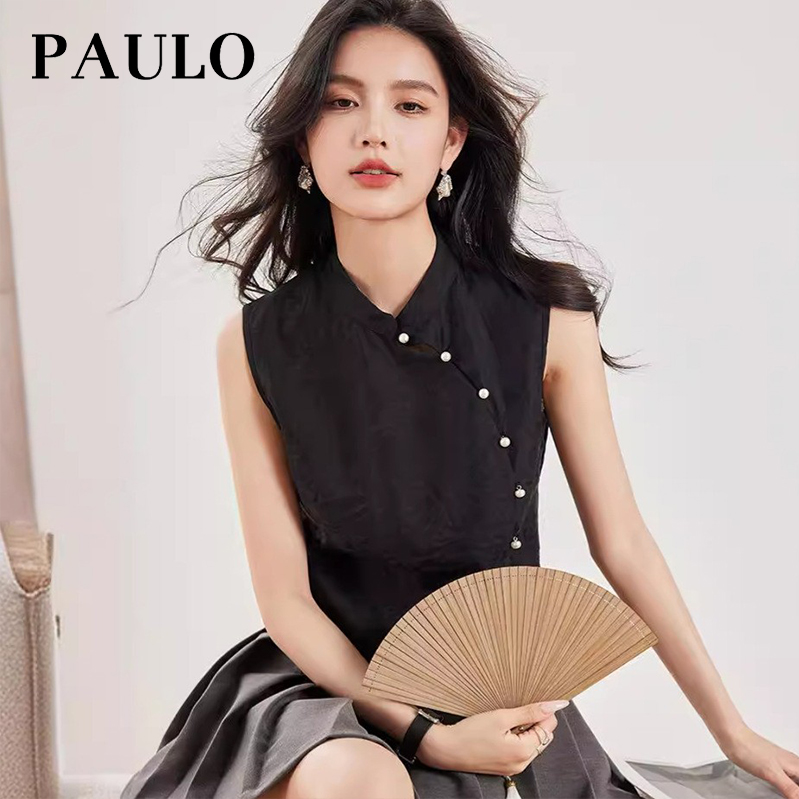 SRAVE PAULO 拉夫保罗中式复古天丝提花优雅盘扣无袖背心国风上衣