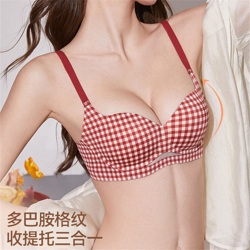 红色半杯格纹小胸聚拢无痕文胸