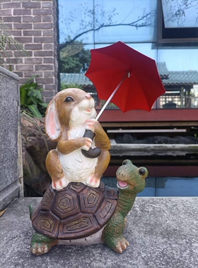 包邮美式树脂兔子骑乌龟打伞摆件