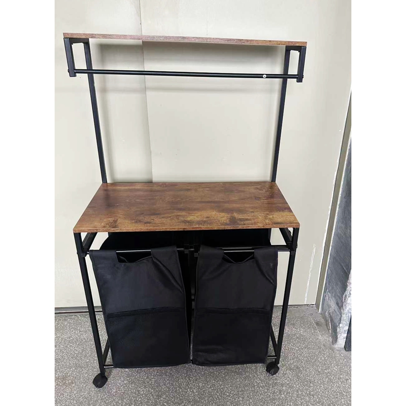 美式铁艺木质脏衣篮推车置物架