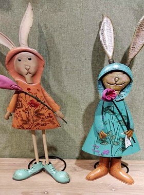 包邮美式复古做旧铁艺兔子摆件