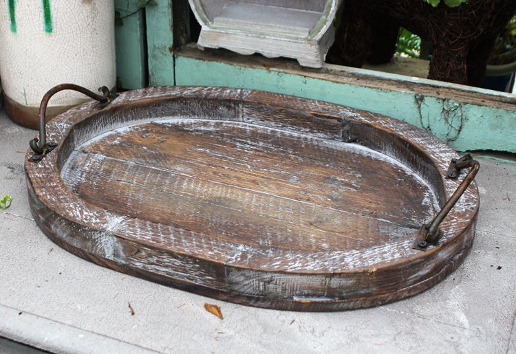 铁艺双耳椭圆形旧木托盘