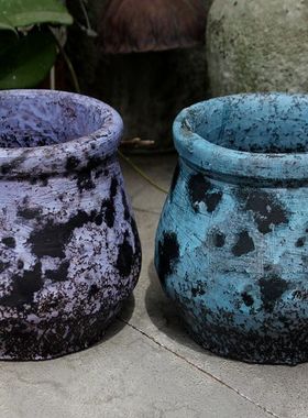 多肉老桩花盆红陶罐手工土陶罐泥瓦粗陶盆古朴复古做旧紫色蓝色