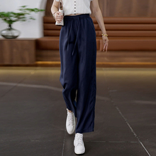 天丝亚麻阔腿裤女2025新款藏蓝色九分裤子夏季薄款垂感休闲直筒裤