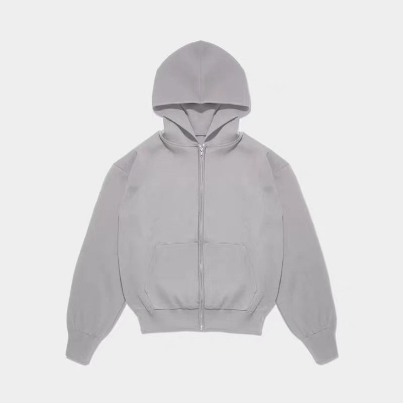 Street Style Kanye Solid Color Heavyweight Hooded Short Wide Sweatshirt American High Street Boxy Cardigan Hoodie for Men