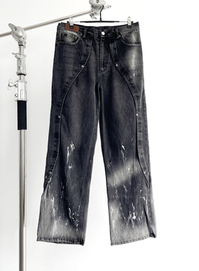 【现货】ANDERSSON BELL水洗做旧拼接泼墨宽松直筒阔腿休闲牛仔裤