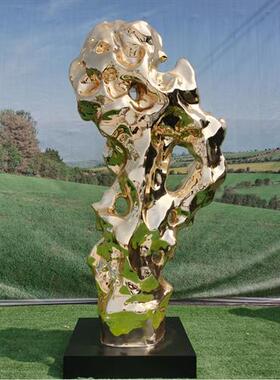 定制太湖石摆件玻璃钢不锈钢仿真雕塑庭院造景假山电镀镜面抽象