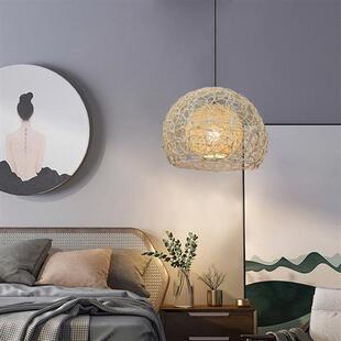 日式 藤编田园简约卧室客厅阳台餐厅圆形麻球灯具 吊灯简约创意个性