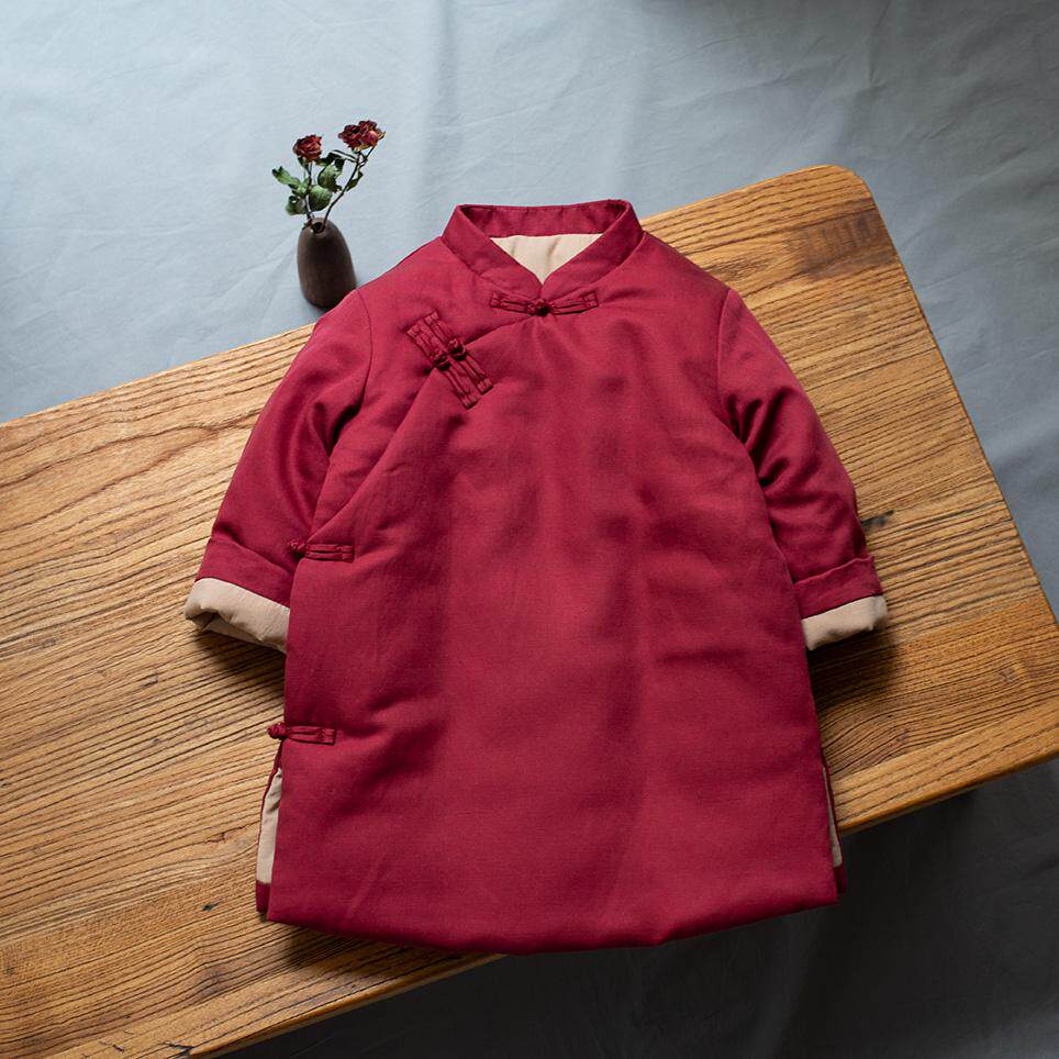 红色年服男童拜年服国风女童冬装旗袍中长款棉袄宝宝中式外出棉服