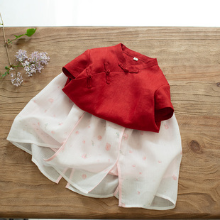 红色纯亚麻女童日常可穿短袖新中式国风旗袍2025新款女孩古装唐装