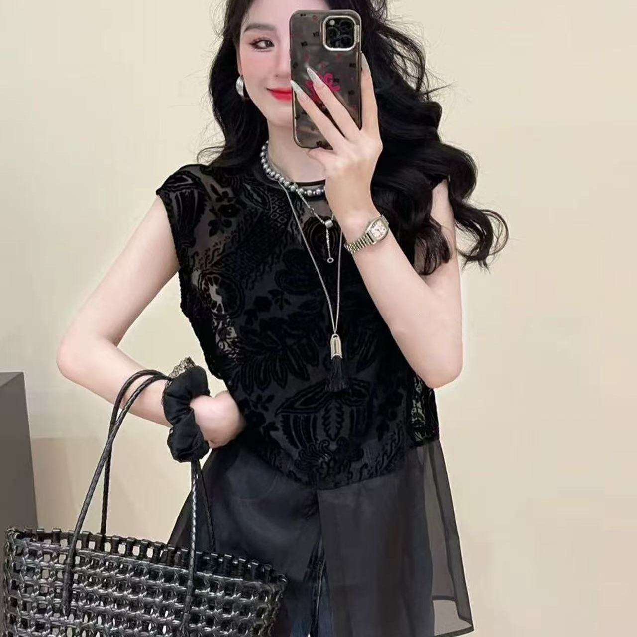 【杭州货】8893丝绒提花拼接中长款小衫