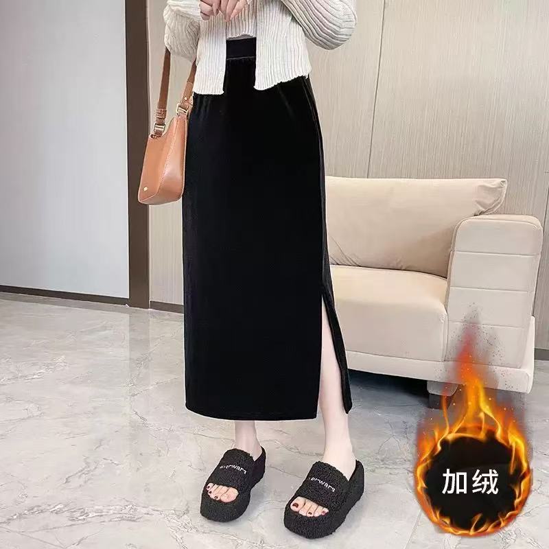 黑色丝绒加绒加厚直筒半身裙