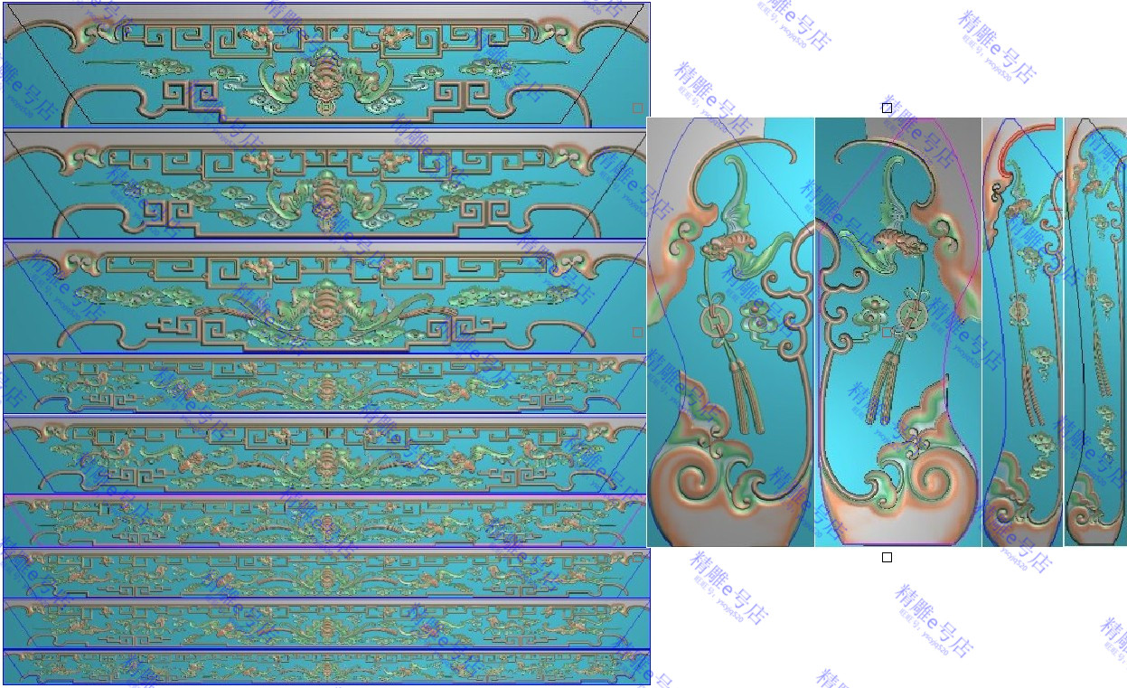 精雕图灰度浮雕图草龙博古祥云蝙蝠吊铜钱裙板脚如意沙发下架XJ6
