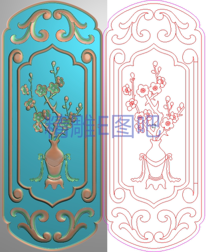 精雕图灰度图浮雕图雕刻素材精品梅花花瓶背板柜子门板竖154x380