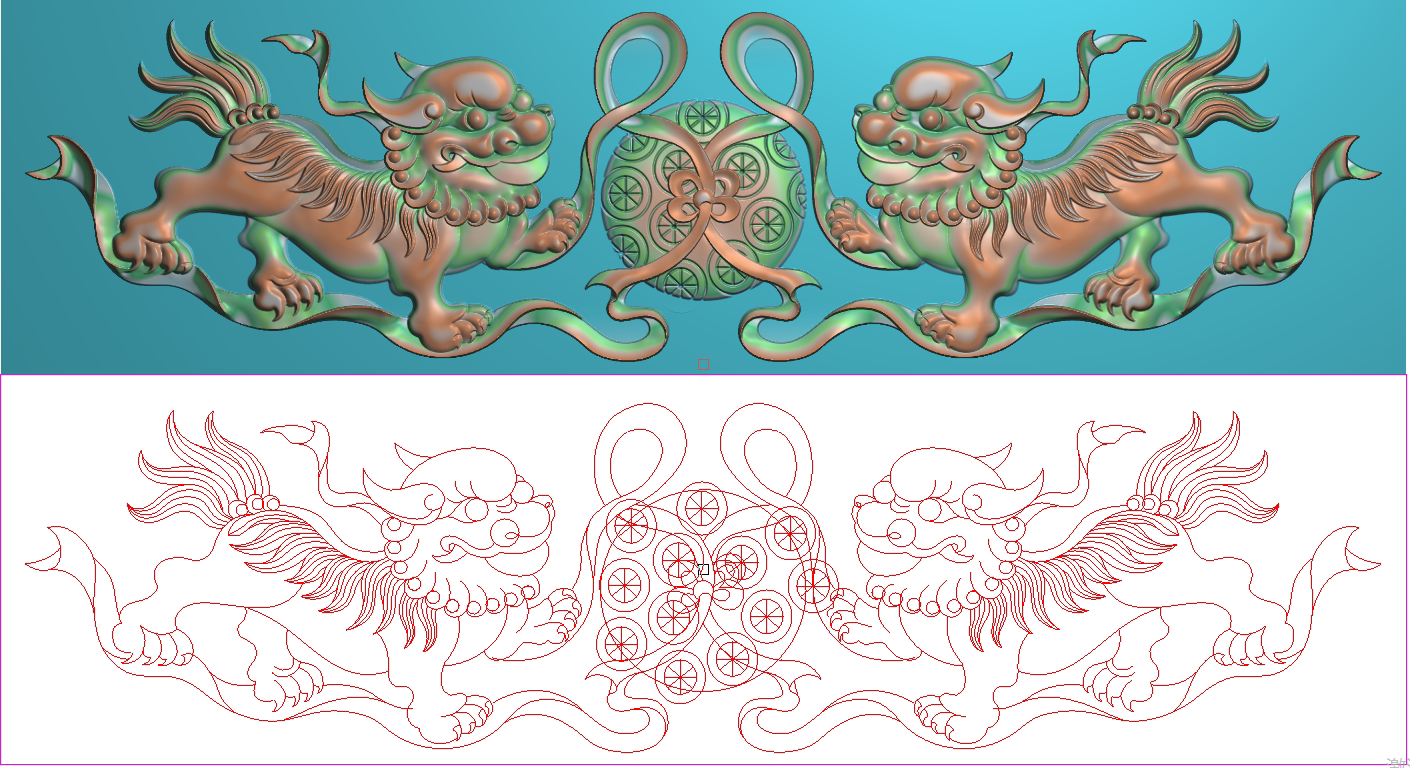 双狮子戏绣球精雕图靠头中板灰度浮雕图狮子围板横板裙板扶手侧板