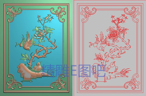 精雕图玫瑰花鸟沙发背边板浮雕图牡丹花月季鸟椅背板门板226x301
