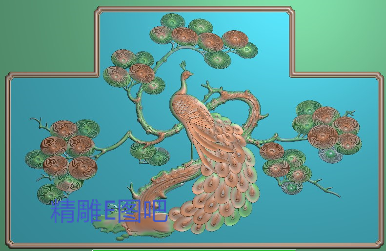 新款精雕图灰度图浮雕图檀雕花鸟宫廷沙发倚背板松树孔雀643x413