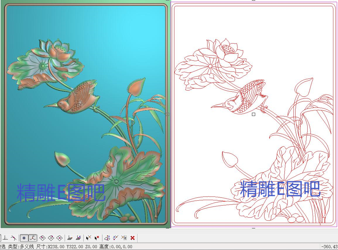 檀雕荷花花鸟精雕图灰度图浮雕背板餐边柜门板竖莲花翠鸟238x322