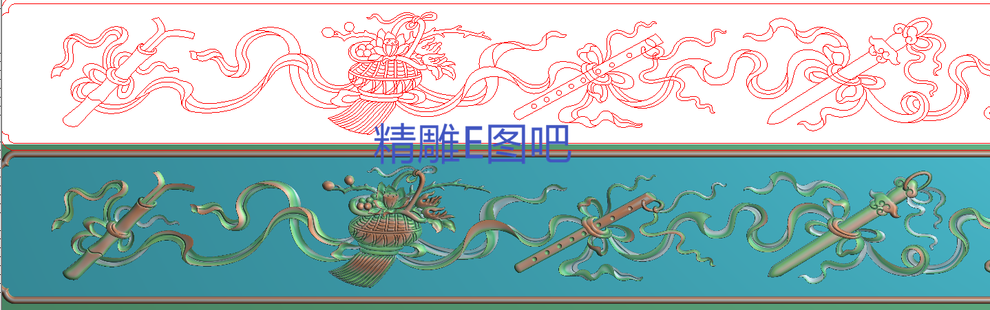 八宝长围板精雕图灰度图浮雕图石雕精品1八仙宝器横板顶板1087x87