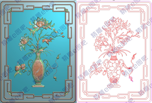 精雕图电视柜沙发靠背牡丹花瓶寿桃流苏如意地柜门板200x270浮雕