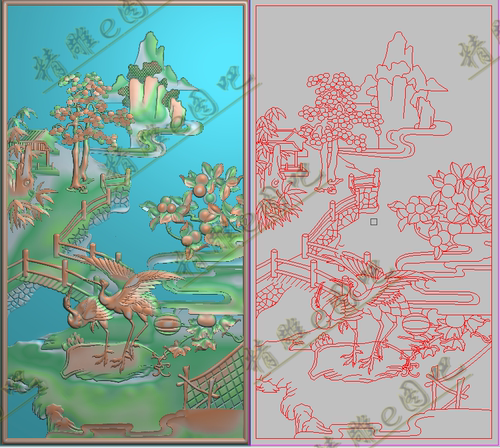精雕图灰度浮雕图双鹤松树葡萄南瓜柿子如意山水背板门板228x408