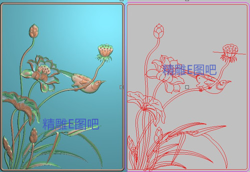 精雕图花鸟莲花地柜门板浮雕图沙发倚背板床边板荷花翠鸟199x270