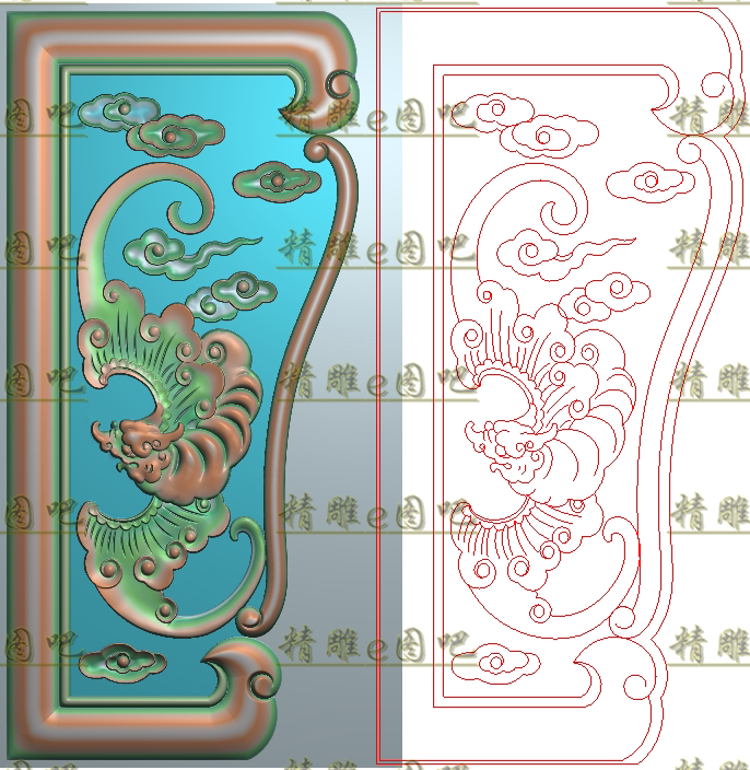 高清精雕图灰度图浮雕图电脑雕刻图精品蝙蝠祥云边花边板94x200