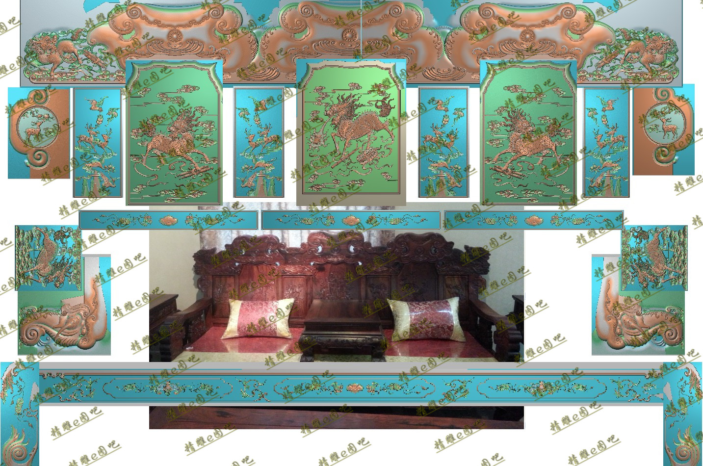 精雕图福禄寿沙发灰度蝙蝠仙鹤梅花鹿背板浮雕新款麒麟宝座Q2套图
