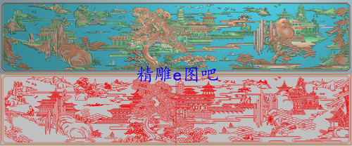 精雕图山水沙发靠背灰度浮雕图精品楼阁柳树塔大床背板横1680x335