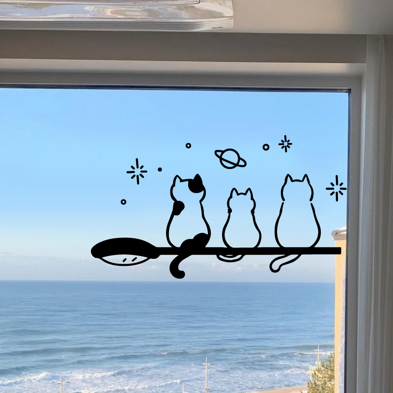 路灯下的猫咪文艺浪漫卧室贴纸阳台飘窗玻璃门装饰贴画客厅白墙贴图片