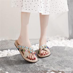 百搭民族风沙滩鞋 时尚 海边旅游草编凉拖 女外穿2026年夏季 流苏拖鞋