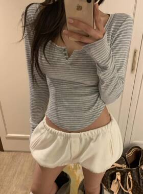 韩国直邮东大门正品代购2026春季新款 virkin 搭扣条纹修身T恤