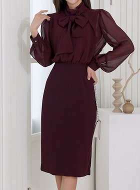 韩国直邮东大门代购正品2025秋冬 1roha 优雅领结假两件连衣裙