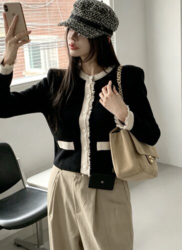 韩国直邮东大门正品代购2026秋季 bybomi 流苏边小香风针织开衫