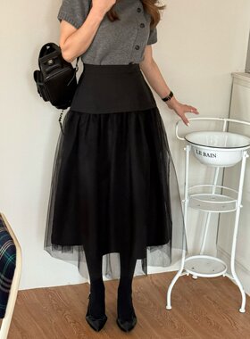 韩国直邮东大门代购正品2025秋季新款 Elmu 仙气网纱中长半身裙