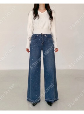 韩国直邮东大门正品代购2025秋季 howluk 5714 亮钻阔腿牛仔裤女