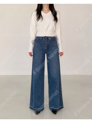 韩国直邮东大门正品代购2025秋季 howluk 5714 亮钻阔腿牛仔裤女