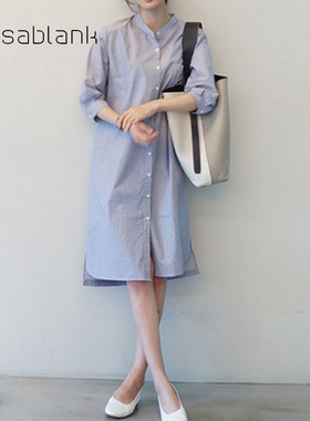 卡莎布兰卡新款春夏超仙森系条纹七分袖休闲衬衫连衣裙CME211008