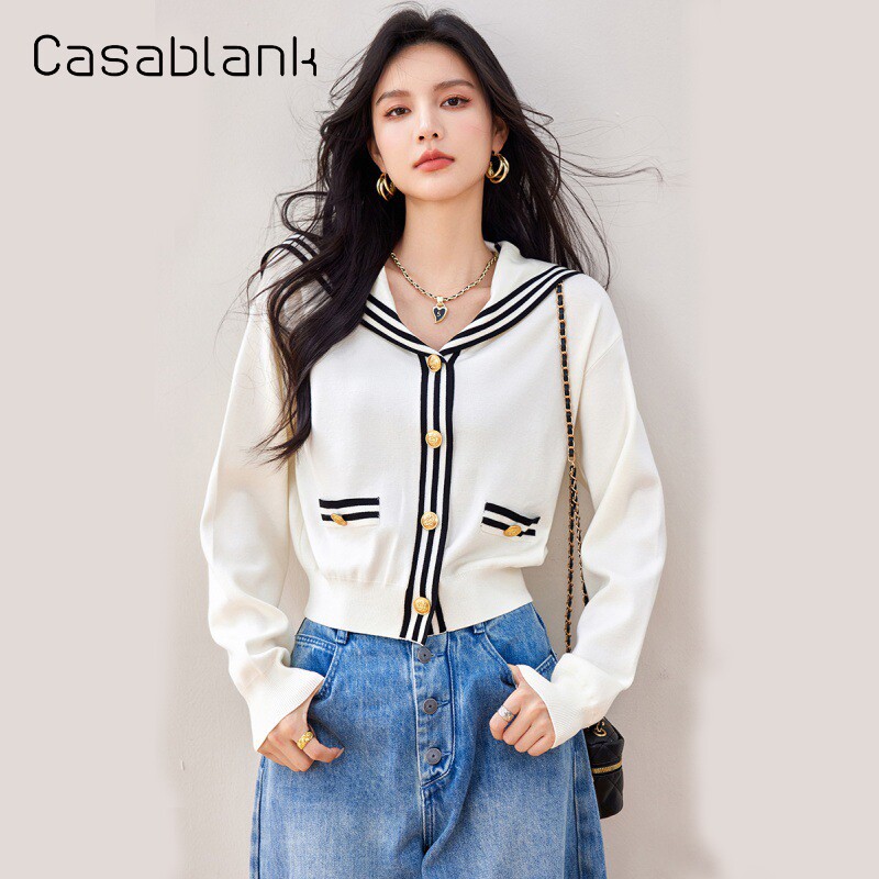 Casablank海军领学院风毛衣外套