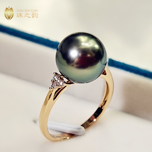 大溪地黑珍珠戒指厚实18k金钻石