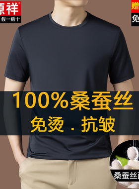 恒源祥高端100%桑蚕丝短袖t恤男夏季圆领休闲垂感打底无痕体恤衫
