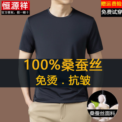 恒源祥高端100%桑蚕丝短袖t恤男夏季圆领休闲垂感打底无痕体恤衫