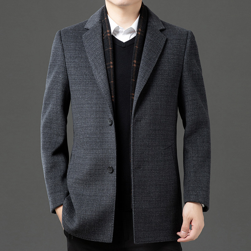 皮尔卡丹可拆卸围巾领羊毛西服男2025秋冬季新款羽绒内胆毛呢西装