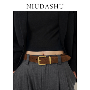 皮带女真皮装饰简约百搭小众设计感绒面春夏针扣配牛仔裤腰带女棕