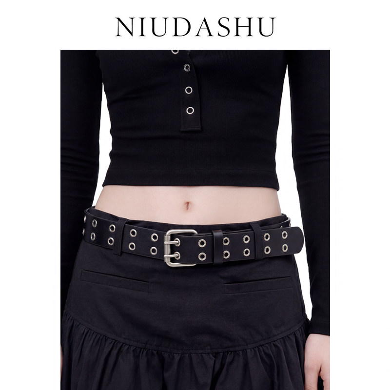 皮带女真皮装饰小众设计感免打孔镂空INS风配牛仔裤腰带男女款黑