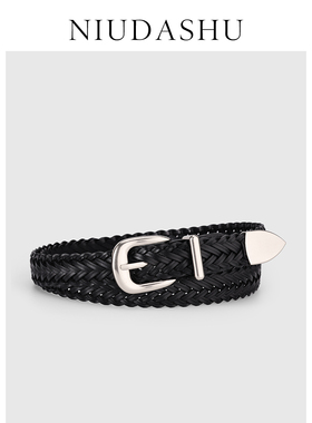 皮带女真皮装饰简约百搭韩版小众时髦编织免打孔配牛仔裤腰带男黑