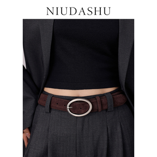2026新款绒面女士真皮腰带女咖色椭圆扣头简约百搭显瘦牛皮带腰封