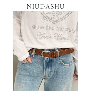 饰潮流个性 宽休闲铆钉装 朋克腰带女棕色 辣妹时尚 皮带女真皮牛仔裤