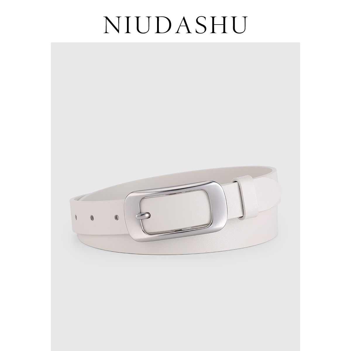 皮带女真皮装饰白色合金针扣